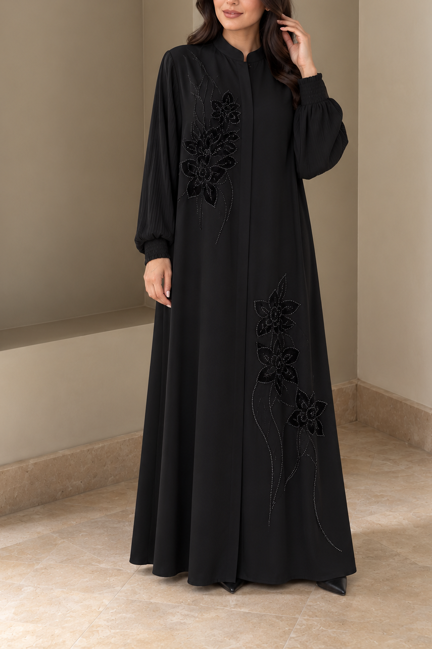 Layali Black Floral Embellished Abaya
